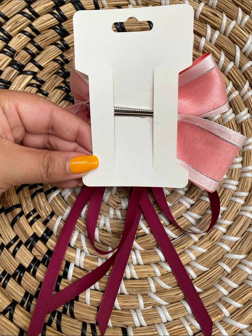 Coral Satin Bow Hair Clip with Burgundy Streamers